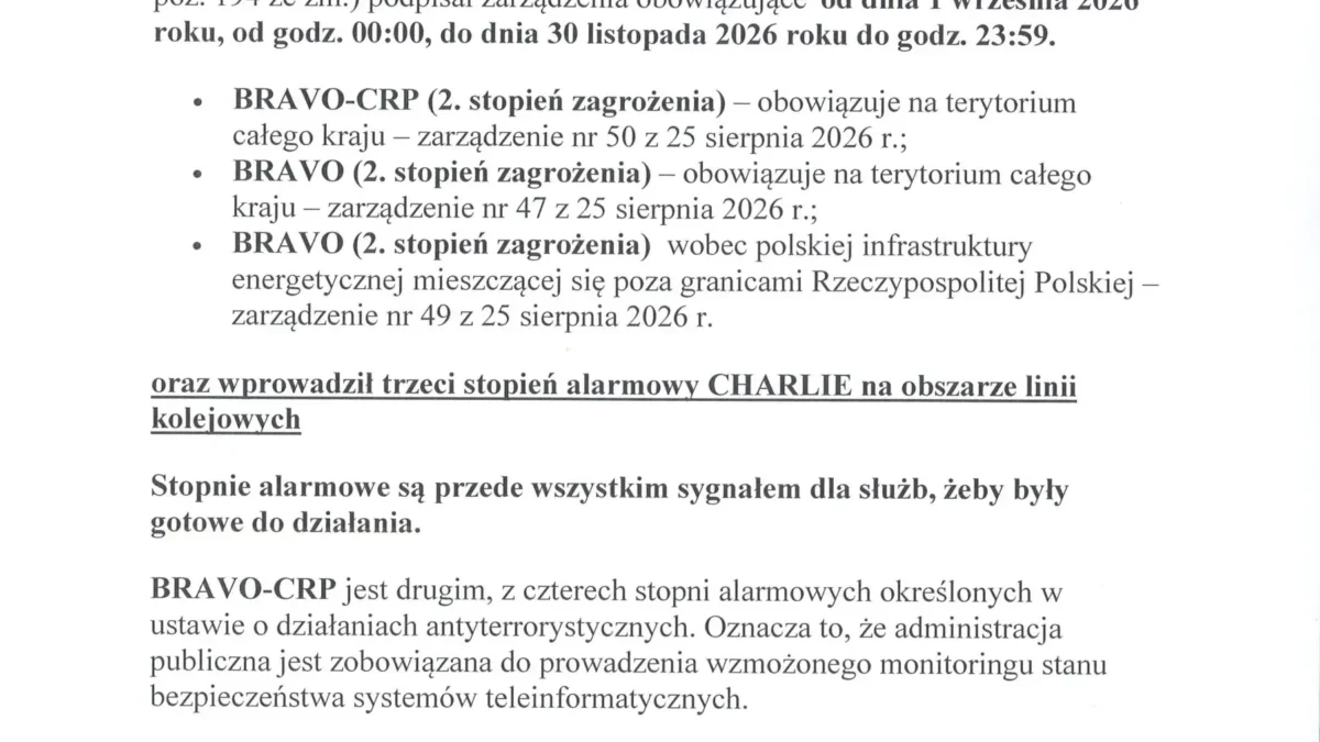 Wprowadzono drugi stopień alarmowy BRAVO w całym kraju – co to oznacza dla mieszkańców gminy Słupia?