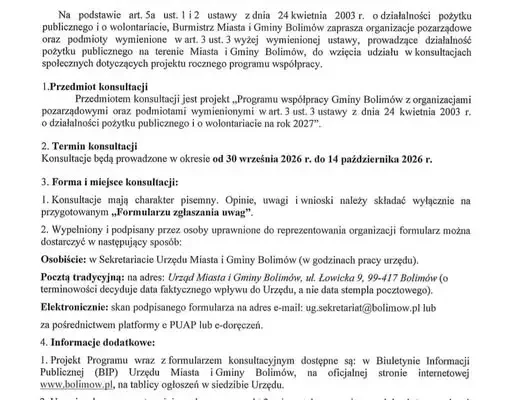 Bolimów zaprasza organizacje pozarządowe do konsultacji programu współpracy na 2027 rok