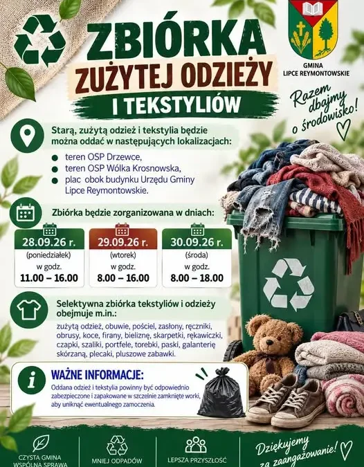 Gmina Lipce Reymontowskie organizuje zbiórkę zużytej odzieży i tekstyliów